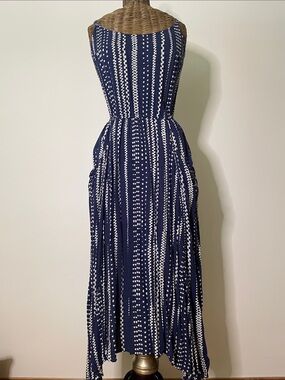 CAbi Deep Indigo & White BOHO Sleeveless Printed Maxi Dress Handkerchief Hem M